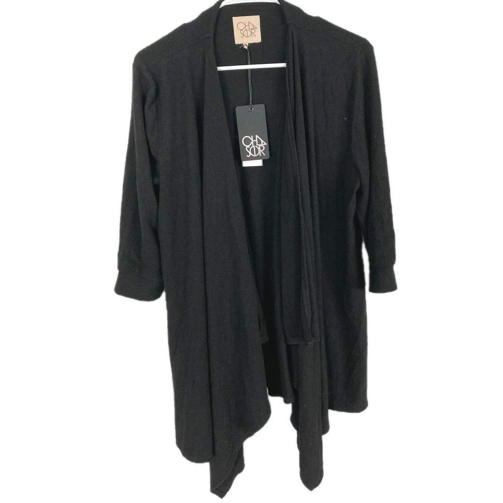 Chaser Cardigan Sweater Women L Black Knit Open Front 3/4 Sleeve Drape NWT